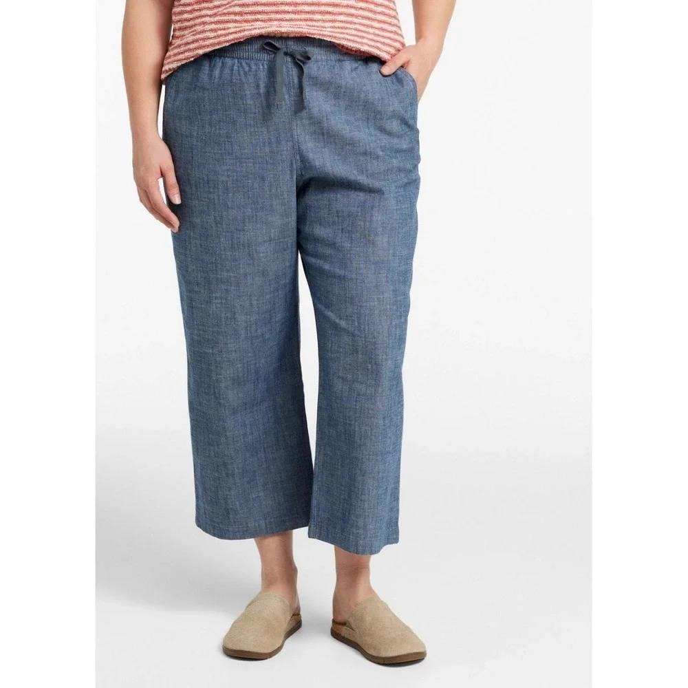 LL Bean Favorite Fit Blue Chambray Cropped Pants 20W Elastic Waist Drawstring